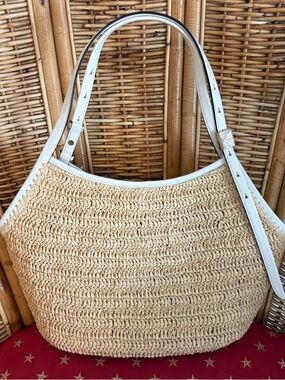 KATE SPADE Designer Deco Straw Tulip Tote Bag! NEW! White leather Straps! Tags!